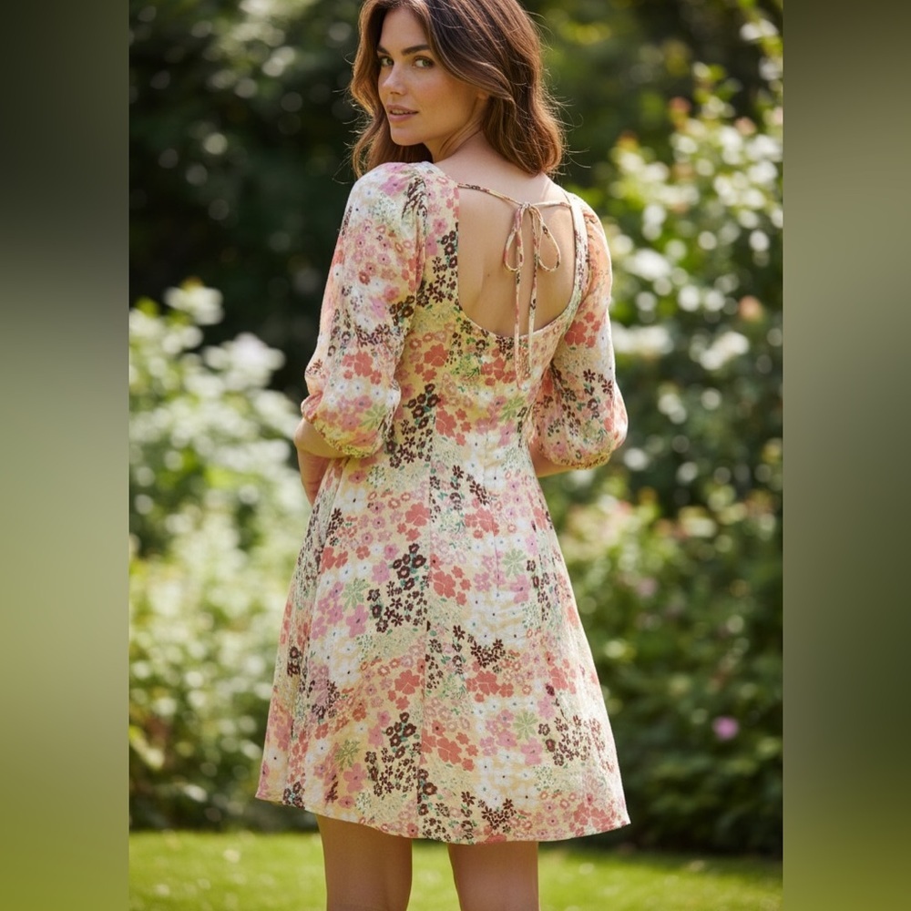 Free People Floral Mini Dress in Pink, coral and White on a Yellow Background - Picture 6 of 8